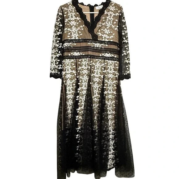 Shiran Fushi Floral Lace Black White Long Sleeve Midi Party Cocktail Dress L/XL - Picture 1 of 11